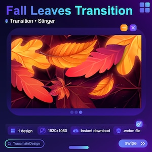 Puede incluir: Gráfico digital con hojas de otoño estilizadas en tonos naranja, rojo y amarillo sobre un fondo oscuro. El texto "Fall Leaves Transition" se muestra en la parte superior, con detalles sobre el diseño, la resolución y el tipo de archivo.