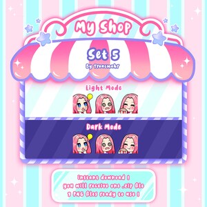 May include: A pink and blue cartoon shop sign with the text "My Shop Set 5 by Traucmahr". The sign has a light mode and dark mode with three cartoon images of a girl with different expressions.