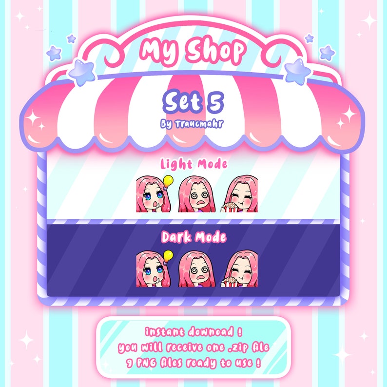May include: A pink and blue cartoon shop sign with the text "My Shop Set 5 by Traucmahr". The sign has a light mode and dark mode with three cartoon images of a girl with different expressions.