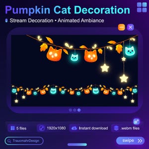 Op de afbeelding: Geanimeerde Halloween-streamdecoratie met een string van gloeiende oranje pompoenkattenlichten met teal kattengezichten en gele sterren. De decoratie is tegen een donkere achtergrond geplaatst.