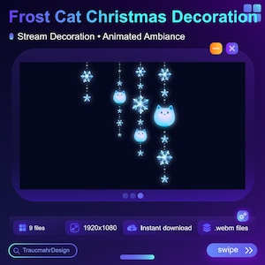Könnte beinhalten: Animierte Weihnachtsdekoration mit einer Girlande aus blauen Katzenornamenten und Schneeflocken vor schwarzem Hintergrund. Der Text "Frost Cat Christmas Decoration" und "Stream Decoration Animated Ambiance" wird oben im Bild angezeigt.