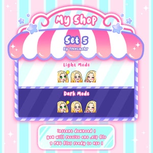 May include: A pink and blue cartoon shop sign with the text "My Shop Set 5 by Traucmahr". The sign has a light mode and dark mode with cartoon images of a blonde woman with different expressions.