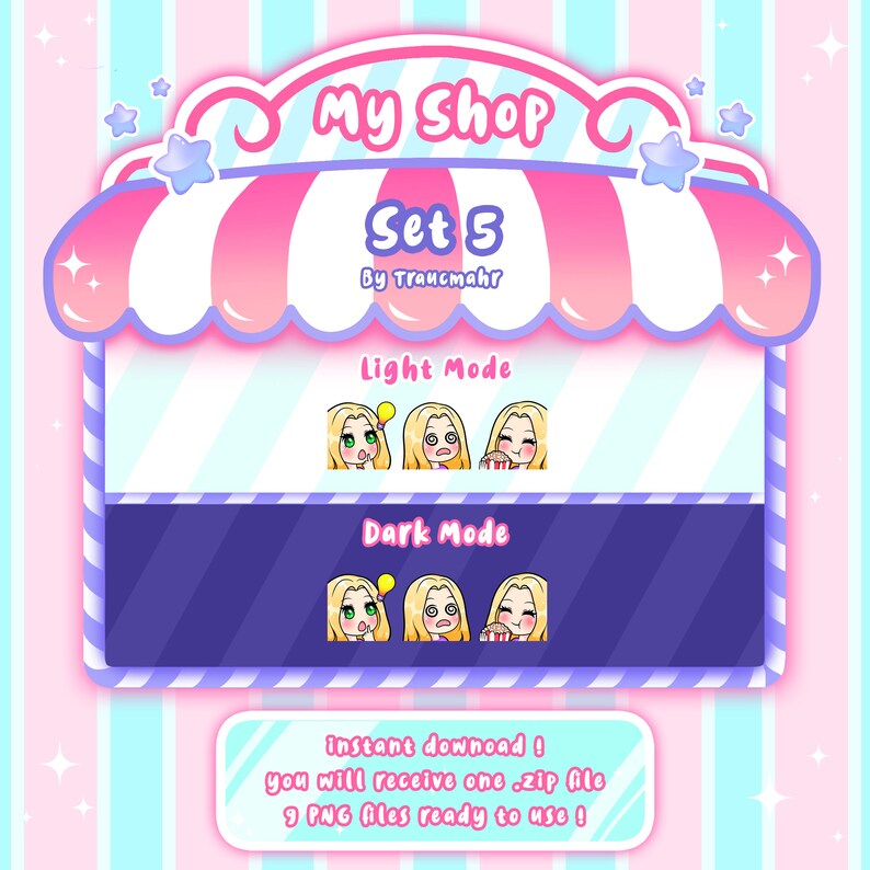 May include: A pink and blue cartoon shop sign with the text "My Shop Set 5 by Traucmahr". The sign has a light mode and dark mode with cartoon images of a blonde woman with different expressions.