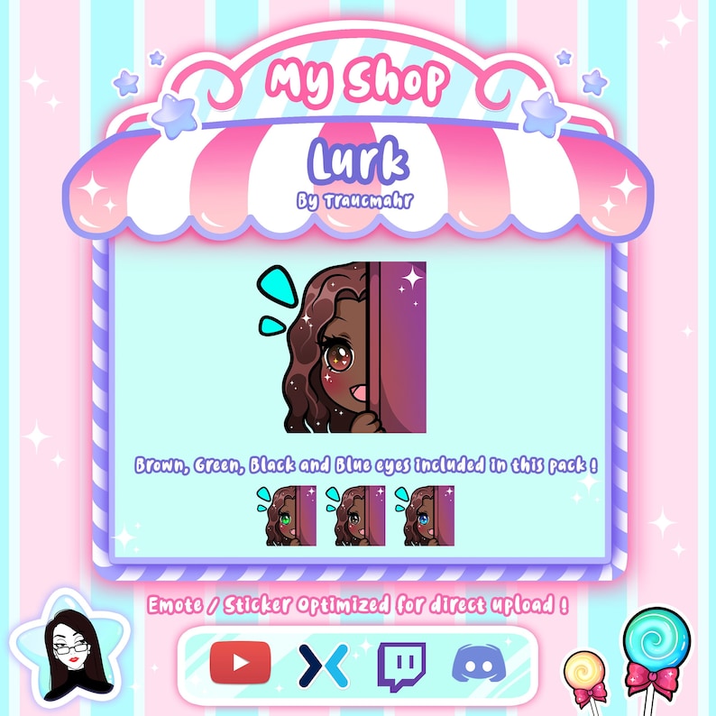 Discord Lurk Cute Curly Chibi Brown Hair Girl Emotes for Twitch Mixer and more !
