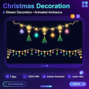 Könnte beinhalten: Animierte Weihnachtslichter mit Sternen und Kugeln auf einem dunkelblauen Hintergrund. Die Lichter sind zu einer Girlande aufgefädelt und animiert, um eine festliche Atmosphäre zu schaffen. Das Bild ist ein digitaler Download von 7 Webm-Dateien.