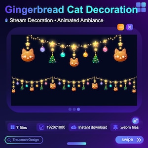 Puede incluir: Decoración animada digital para streaming con una cadena de luces con adornos de gato de jengibre y árbol de Navidad. El texto "Gingerbread Cat Decoration" y "Stream Decoration Animated Ambiance" se muestra en la parte superior de la imagen.