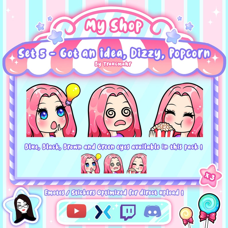 May include: A set of three animated emotes featuring a pink-haired character with different expressions: thinking, dizzy, and eating popcorn. The emotes are labelled "Got an idea, Dizzy, Popcorn" and are optimised for direct upload to streaming platforms. The text "My Shop" is at the top of the image.