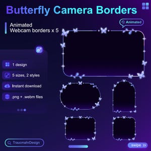 Pode incluir: Um design gráfico digital com bordas de webcam animadas com tema de borboleta. O design inclui cinco formas de borda diferentes, cada uma adornada com ilustrações de borboletas e detalhes brilhantes. O texto diz "Butterfly Camera Borders" e "Animated Webcam borders x 5".