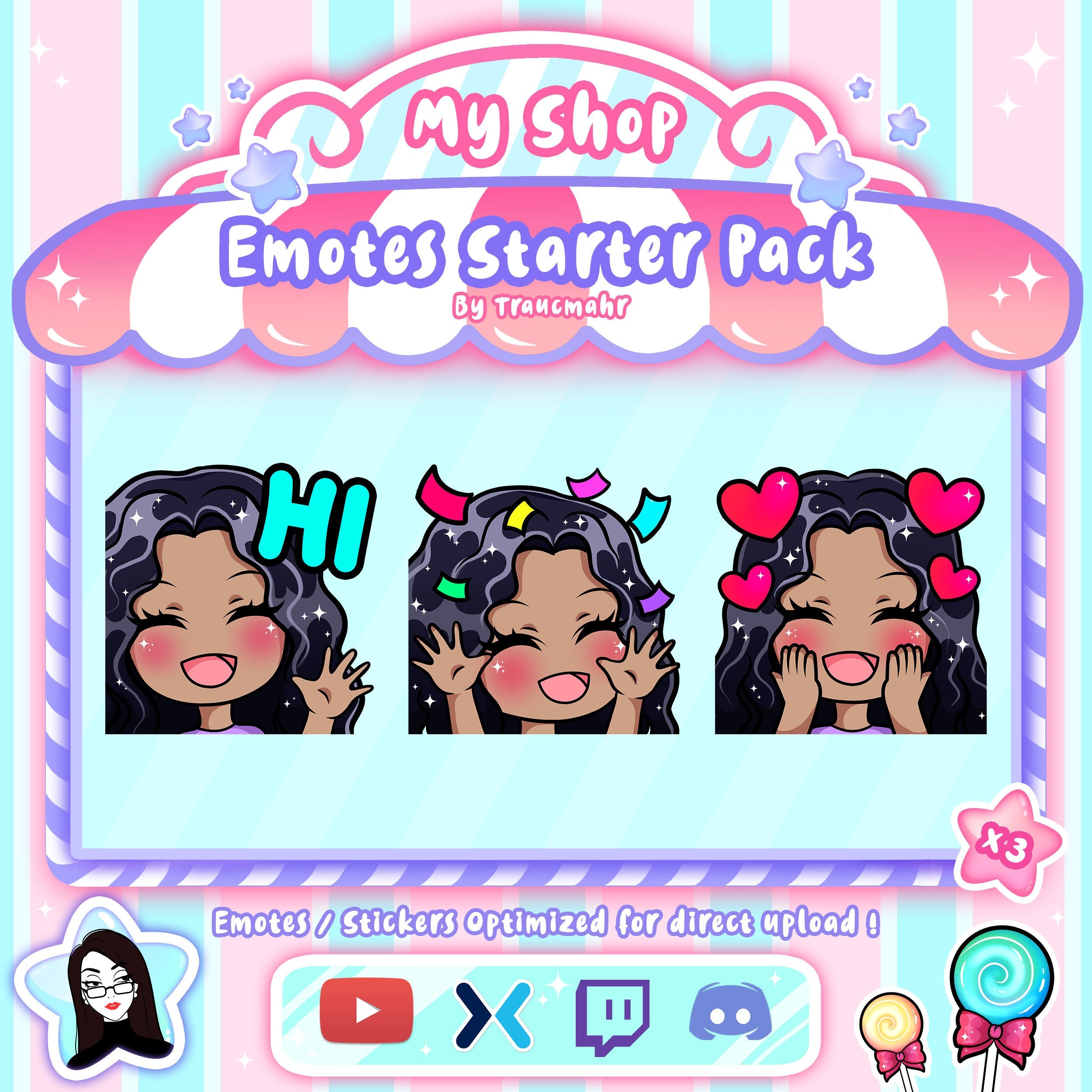 Discord Lurk Cute Curly Chibi Brown Hair Girl Emotes for Twitch Mixer and more !