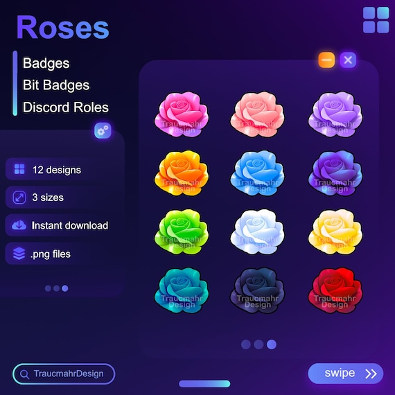 Roses Badges x12 | Twitch Subscriber Badges | Bit Badges | Discord Roles | • Usable on Twitch and Discord • Streaming Assets