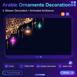 Könnte beinhalten: Digitalgrafik mit arabischen Ornamenten und Dekorationen. Das Bild zeigt goldene Filigranarbeiten, hängende Laternen, Sterne und Halbmonde vor einem dunkelblauen Hintergrund. Der Text lautet "Arabic Ornaments Decoration."