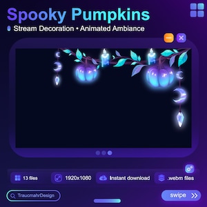Könnte beinhalten: Digitale Stream-Dekoration mit leuchtenden blauen Kürbissen, Kerzen und Halbmonden. Der Text "Spooky Pumpkins" und "Stream Decoration • Animated Ambiance" werden oben angezeigt. Zusätzlicher Text enthält "13 Dateien", "1920x1080" und "Sofort-Download".
