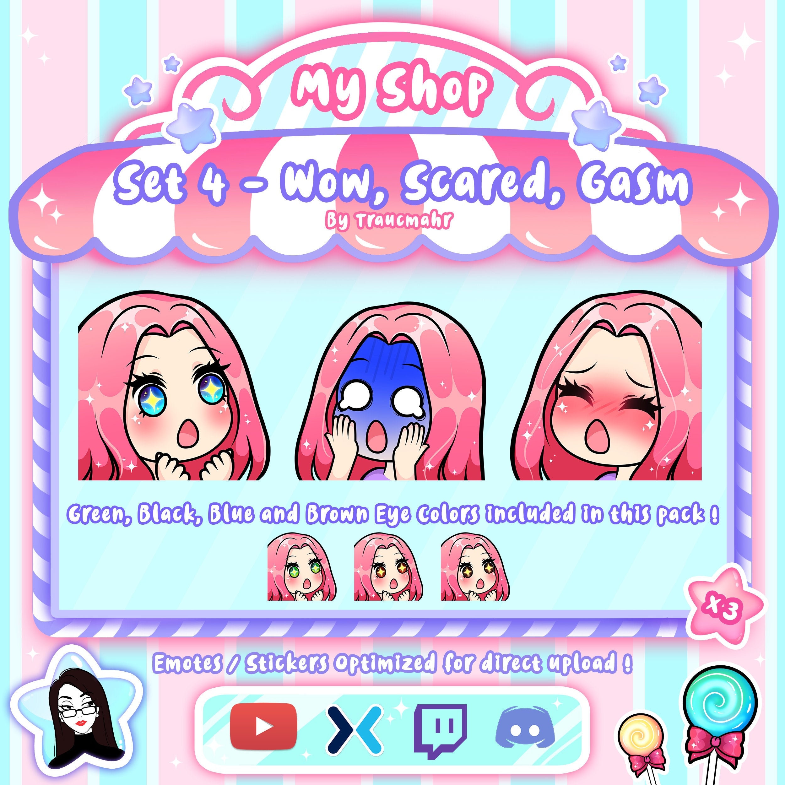 Wow Scared Gasm Cute Chibi Pink Hair Emotes Pack for Twitch