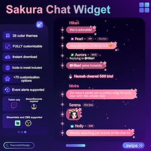 May include: A digital Sakura Chat Widget interface with a dark purple gradient background. The display features pink chat bubbles decorated with cherry blossom petals, user names, and text messages. A sidebar lists features including 38 colour themes, customisation options, and software compatibility icons for Twitch, StreamElements, Streamlabs, and OBS.