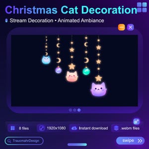 May include: Animated Christmas cat decoration with a black background. The decoration features a string of hanging stars, moons, and cats. The cats are in various colors, including blue, pink, and purple. The text "Stream Decoration Animated Ambiance" is displayed at the top of the image.