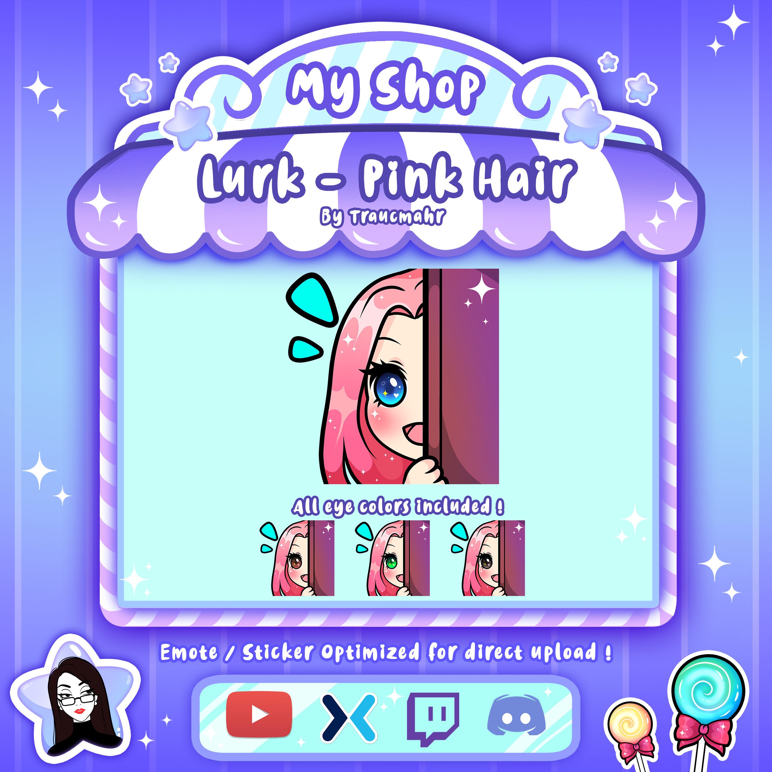 Discord Lurk Cute Curly Chibi Brown Hair Girl Emotes for Twitch Mixer and more !