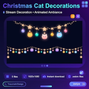 Op de afbeelding: Geanimeerde kerstverlichting met kattengezichten en sterren. De lampjes zijn aan elkaar geregen en gloeien. De achtergrond is donkerblauw. De tekst "Christmas Cat Decorations" en "Stream Decoration Animated Ambiance" staat bovenaan de afbeelding.