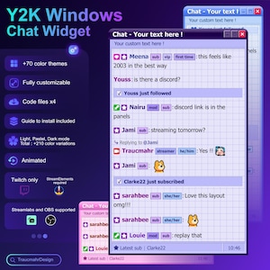 May include: A Y2K Windows chat widget digital overlay featuring a purple gradient background, a grid-patterned chat box with user messages, badges, and icons. The interface displays text like Chat - Your text here and includes various status indicators.