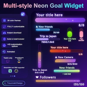 May include: A digital neon goal widget interface featuring multiple progress bars in various colors like purple, orange, green, and pink. The display includes text such as Multi-style Neon Goal Widget, Your title here, New friends, Trip to Japan, New Camera, and Followers, with numerical progress indicators.