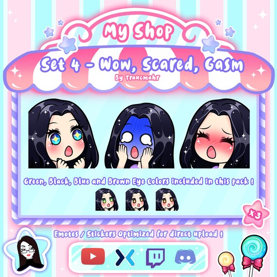 Wow Scared Gasm Cute Chibi Black Hair Emotes Pack for Twitch