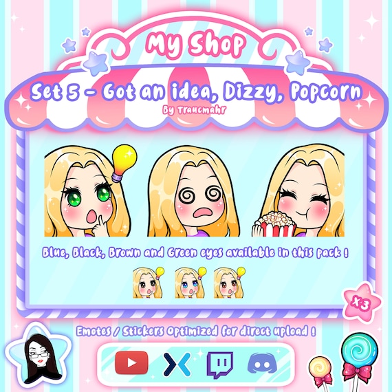 Got an Idea Dizzy and Popcorn Cute Chibi Blonde Hair Emotes Pack for Twitch, Discord, Mixer and more !
