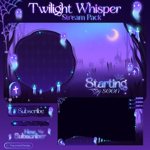 Peut inclure: Un pack de stream d'art numérique intitulé "Twilight Whisper" sur le thème d'Halloween. Le design présente une palette de couleurs violet et bleu avec des fantômes, des pierres tombales et un croissant de lune. Comprend des boutons "S'abonner" et "Nouveau abonné".
