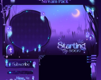 Op de afbeelding: Een digitaal stream pack getiteld "Twilight Whisper" met een spookachtig Halloween-thema. Het ontwerp heeft een paars en blauw kleurenschema met geesten, grafstenen en een halve maan. Inclusief "Abonneren" en "Nieuwe abonnee" knoppen.