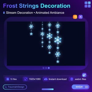 Puede incluir: Decoración de transmisión digital animada con cadenas de copos de nieve azules brillantes sobre un fondo negro. El texto "Frost Strings Decoration" y "Stream Decoration Animated Ambiance" se muestra en la parte superior de la imagen. La imagen también incluye botones para "10 archivos", "1920x1080", "Descarga instantánea", ".webm files" y "deslizar".