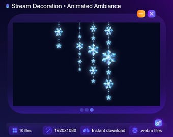 May include: Animated digital stream decoration featuring strings of glowing blue snowflakes on a black background. The text "Frost Strings Decoration" and "Stream Decoration Animated Ambiance" is displayed at the top of the image. The image also includes buttons for "10 files", "1920x1080", "Instant download", ".webm files", and "swipe".