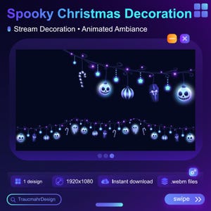 Könnte beinhalten: Eine digitale Illustration von "Spooky Christmas Decoration" mit animiertem Ambiente. Das Design zeigt eine Lichterkette mit Halloween-Themen-Ornamenten, darunter Kürbislaternen, Zuckerstangen und Särge, die alle in blauem Licht vor einem dunklen Hintergrund leuchten.