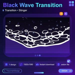 May include: A black and white animated transition effect with a wave pattern and white stars on a black background. The transition is labeled "Black Wave Transition" and "Stinger".