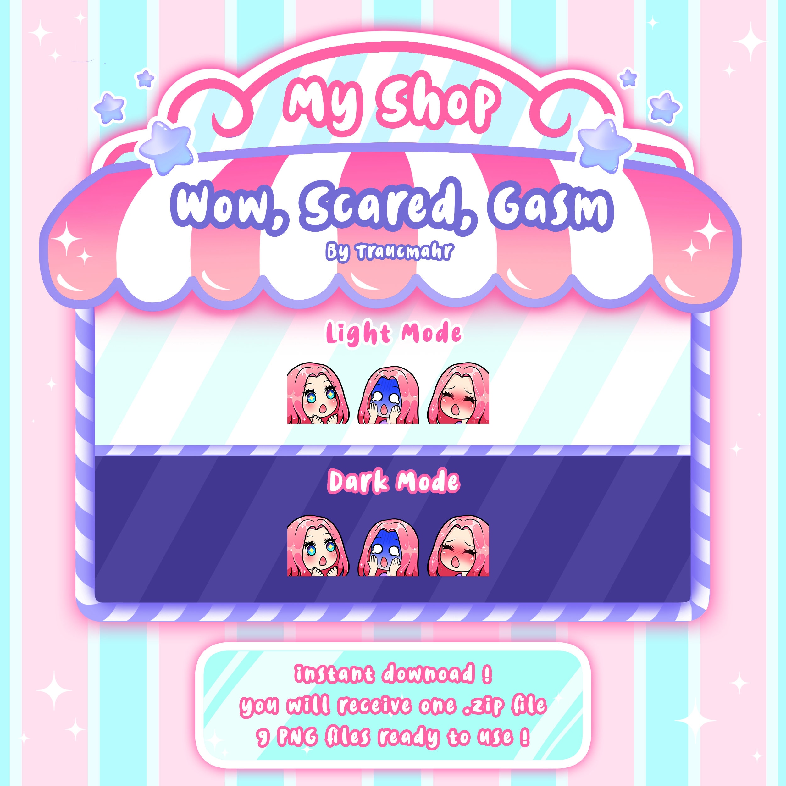 Wow Scared Gasm Cute Chibi Pink Hair Emotes Pack for Twitch