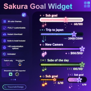 Könnte beinhalten: Eine digitale Grafik für ein "Sakura Goal Widget" mit einem dunkelvioletten Hintergrund. Das Widget zeigt Fortschrittsbalken mit floralen und himmlischen Designs sowie Text wie "Sub goal", "Trip to Japan" und "New Camera". Das Widget ist vollständig anpassbar und animiert.