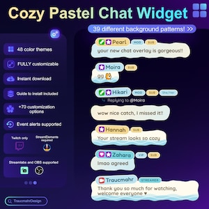 May include: A digital chat widget overlay titled Cozy Pastel Chat Widget featuring 48 colour themes, 39 background patterns, and 70 customisation options. The display shows example chat messages with user names, badges, and icons for streaming software.
