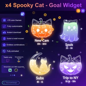 Pode incluir: Um conjunto de widgets de meta x4 Spooky Cat para streaming, apresentando quatro ícones animados: um gato-abóbora laranja, um fantasma brilhante, um gato amarelo em uma lua crescente e um gato-abóbora roxo, com rótulos e metas.