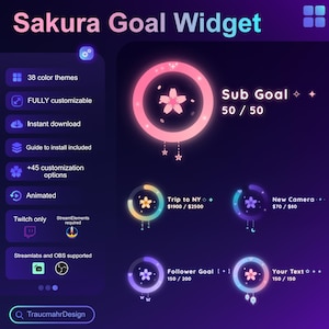 Könnte beinhalten: Digitales Grafikdesign mit dem Text "Sakura Goal Widget" in Rosa und Blau. Das Design umfasst eine rosa-weiße Kirschblüte, Fortschrittsbalken und Symbole für Anpassungsoptionen, animierte Funktionen und Twitch-Integration.