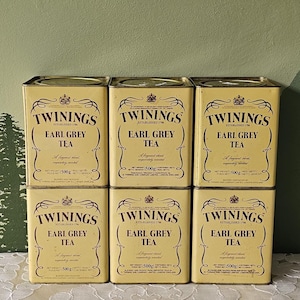 Vintage Twinings tea tin earl gray metal caddy english square storage 500g cannister empty 50&#39;s 60&#39;s 70&#39;s London UK beige white