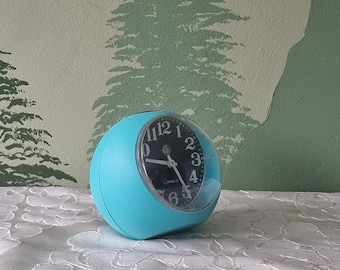 Vintage mechanical alarm clock 90's aqua blue round ball space age design rare plastic turqoise