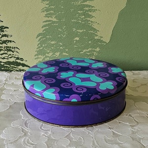 vintage Massilly France biscuit tin 70&#39;s round flower pattern purple blue aqua storage cannister container cookie metal biscuits