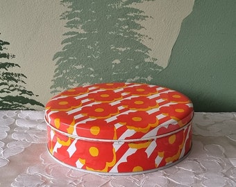 vintage Massilly France boîte à biscuits années 70 motif floral rond orange blanc rouge boîte de rangement conteneur cookie métal