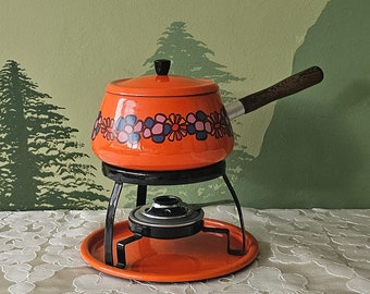 Vintage Brabantia Diane fondue set, 70s Dutch enamel metal, orange flower design, complete set, cheese dinner.