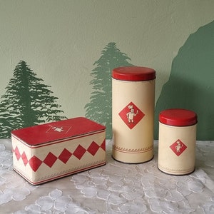 vintage Bolletje breakfast tin, beige, red cannister, square, white bread storage, Dutch rusk tin, bakery metal