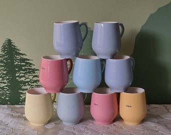 Vintage Royal Sphinx Petrus Regout Maastricht 50&#39;s Dutch design pastel ceramic mugs California coffee belly cup yellow pink green blue