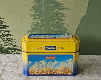 vintage Wasa knackebrod tin breakfast cracker sweden 90's rectangular metal box bread blue yellow