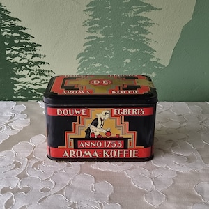 vintage Douwe Egberts coffee tin 60's hinged lid black gold storage container metal dutch design