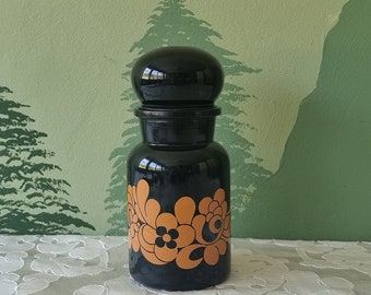 vintage pharmacist bottle black orange flower pattern 60's glass jar pharmacy apothekerspot herbal medicin