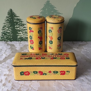 Vintage Verkade tin 60's Dutch biscuit tin canister container breakfast cake East Indian cherry flowers retro yellow Zaandam breakfast