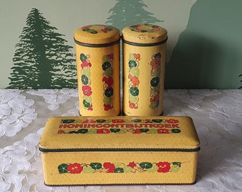 vintage Verkade tin 60's dutch beschuitbus cannister container ontbijtkoek oost-indische kers flowers retro yellow zaandam breakfast