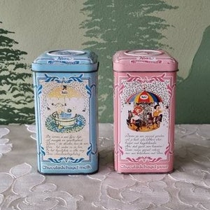 vintage Venz hagelslag tin Dutch chocolate sprinkles 80's retro design pink blue square lid baby cartoon bread breakfast