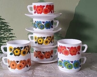 vintage Arcopal lotus tasses à café années 70 tasses à thé tasse à soupe verre à lait france rétro fleurs bol vaisselle